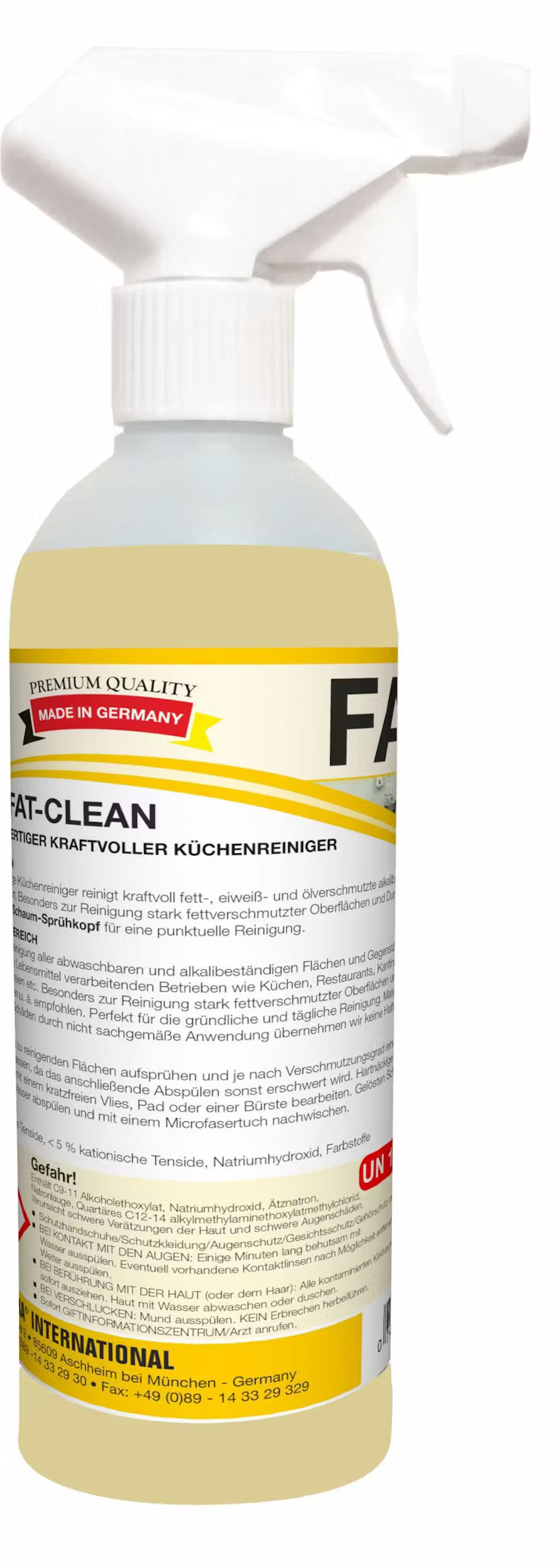Die 500-ml-Sprühflasche "Arcora fat-clean" der Arcora International GmbH hat ein gelb-weißes Design mit einer roten "Made in Germany"-Plakette. Dieser kraftvolle Küchenreiniger ist ideal für Reinigung Küche und Fettentferner.