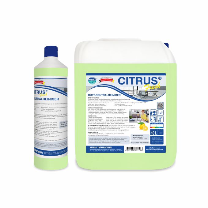 Afgebeeld zijn twee verpakkingen van de Arcora CITRUS FRESH NEUTRALREINIGER van Arcora International GmbH: een fles van 1 liter en een jerrycan van 10 liter, beide met een blauwe dop en etiketten die gereinigde oppervlakken, citroenen en een frisse citrusgeur tonen.