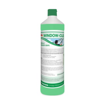 De groen-witte Arcora WINDOW-CLEAN PROFESSIONELE RAAMREINIGER ZEEP fles van Arcora International GmbH staat rechtop op een eenvoudige witte achtergrond en belooft streeploze en effectieve raamreiniging.