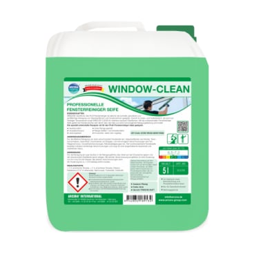 Een groene 5L Arcora WINDOW-CLEAN PROFESSIONELE RAAMREINIGER ZEEP van Arcora International GmbH, Duits gelabeld met veiligheidsinformatie en raamreinigingsafbeelding - ideaal voor streeploze, professionele raamreiniging.