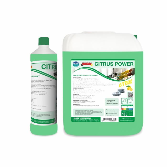 On peut voir deux DÉTERGENTS POUR LAVAGE À MAIN ARCORA CITRUS POWER de Arcora International GmbH : à gauche, une bouteille de 1 litre avec des accents verts et à droite, un bidon rectangulaire de 10 litres, tous deux portant l'inscription pour un lavage puissant.
