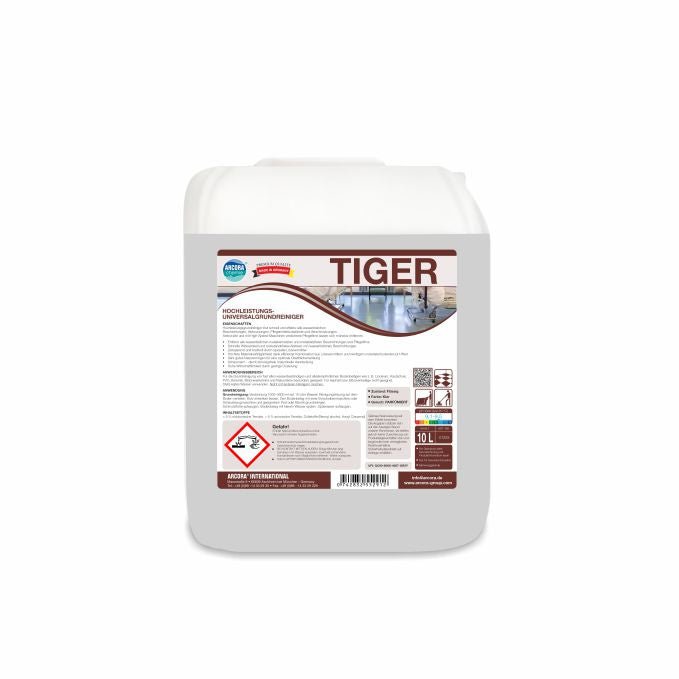 Een witte 10-liter kunststof jerrycan van Arcora International GmbH draagt het opschrift "TIGER", productdetails, gevaarsymbolen en reinigingsinstructies. Het bevat Arcora Tiger krachtige universele basisreiniger voor veelzijdige reinigingstaken.