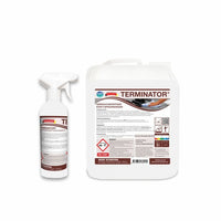 La photo représente un vaporisateur blanc et un bidon blanc de 5 litres de la marque Arcora TERMINATOR (FORMULE IDENTIQUE À CELLE DE SPEEDBALL), un NETTOYANT PUISSANT EN SPRAY PRÊT À L'EMPLOI de la société Arcora International GmbH, comportant des symboles d'avertissement et des étiquettes détaillées sur fond blanc.