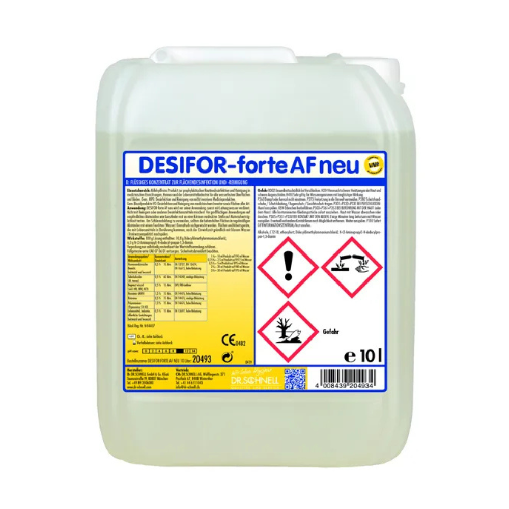 Un conteneur en plastique de 10 litres de Dr. Schnell Desifor-forte AF neu désinfection de surface de la DR.SCHNELL GmbH & Co. KGaA, avec des symboles d'avertissement et une étiquette jaune et blanche avec des informations sur le produit, les produits chimiques et l'application.