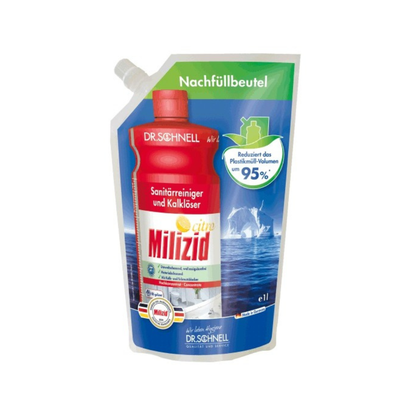 Een 1-liter navulzak van Dr. Schnell Milizid Citro Sanitairreiniger en Kalkverwijderaar van de DR.SCHNELL GmbH & Co. KGaA, in rood-wit met groene accenten, Duitse tekst, schenktuit en 95% minder kunststofvolume.