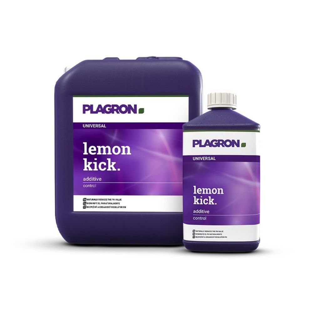 Op een witte achtergrond zijn twee containers met Plagron Lemon Kick pH-regelaar van Bertels B.V. afgebeeld: de grotere is een donkerpaarse jerrycan, de kleinere een bijpassende fles, beide voorzien van de productnaam en een beschrijving in witte letters.