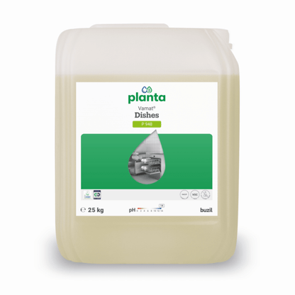 Un bidon de 25 litres en plastique transparent contenant le produit Vamat® P948 de BUZIL-WERK, un produit écologique et alcalin à base de verre liquide destiné au lavage de la vaisselle dans les machines professionnelles, muni d'une étiquette verte et blanche et d'une photo de vaisselle sur le devant.