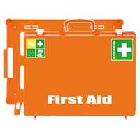 EHBO-koffer MT-CD, leeg, oranje, met opdruk ‘First Aid’