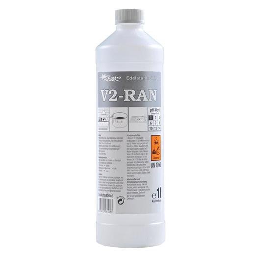 GastroPower V2-RAN, 1 l (4*1) van Abena Re-Seller GmbH: Roestvrijstaalreiniger in de kunststof fles met grijs/wit etiket, handleiding, pH-schaal en gevarensymbolen - ideaal voor de hygiënische reiniging in horecabedrijven.