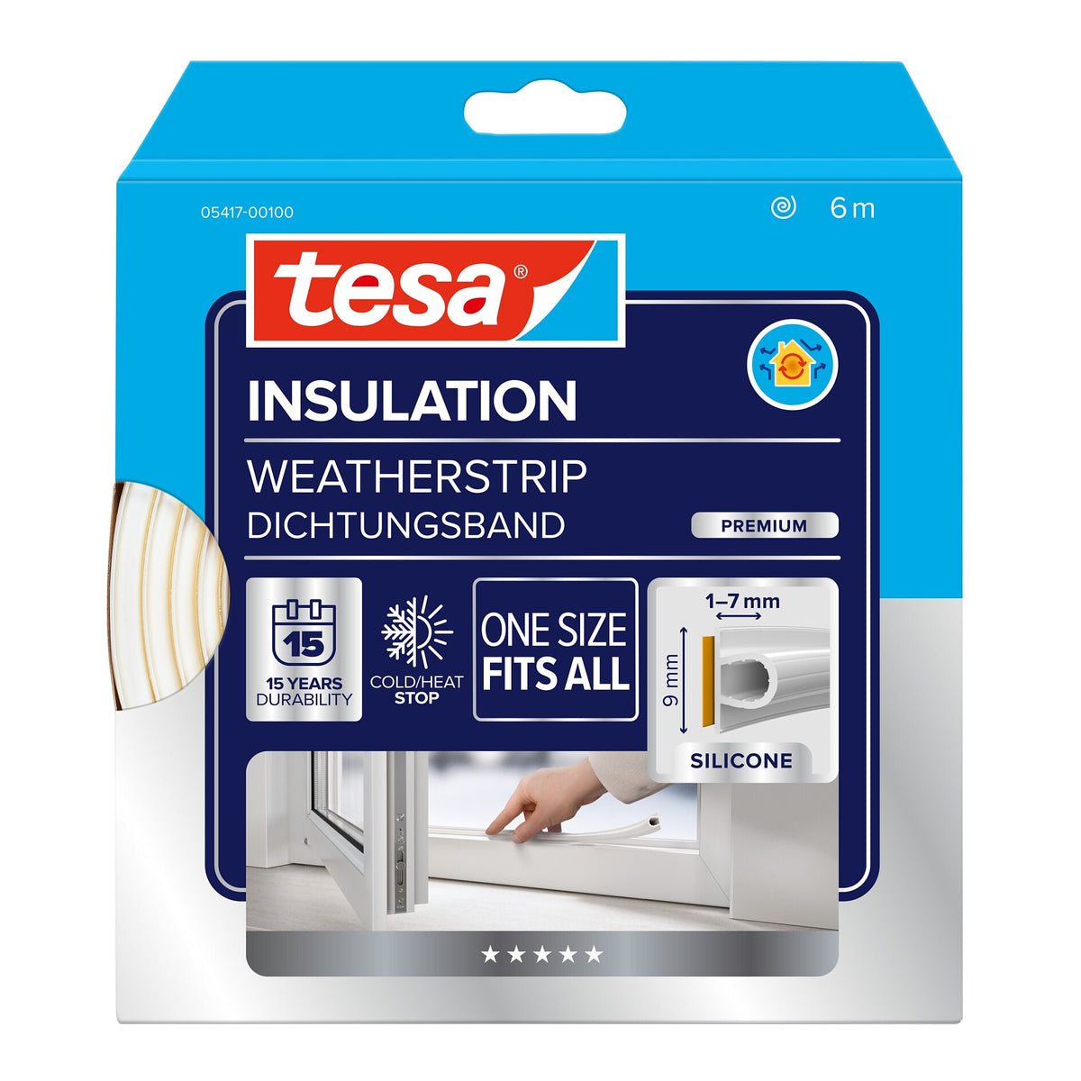 tesa INSULATION Dichtungsband Silikon One Size Fits All, 6 m x 9 mm weiß