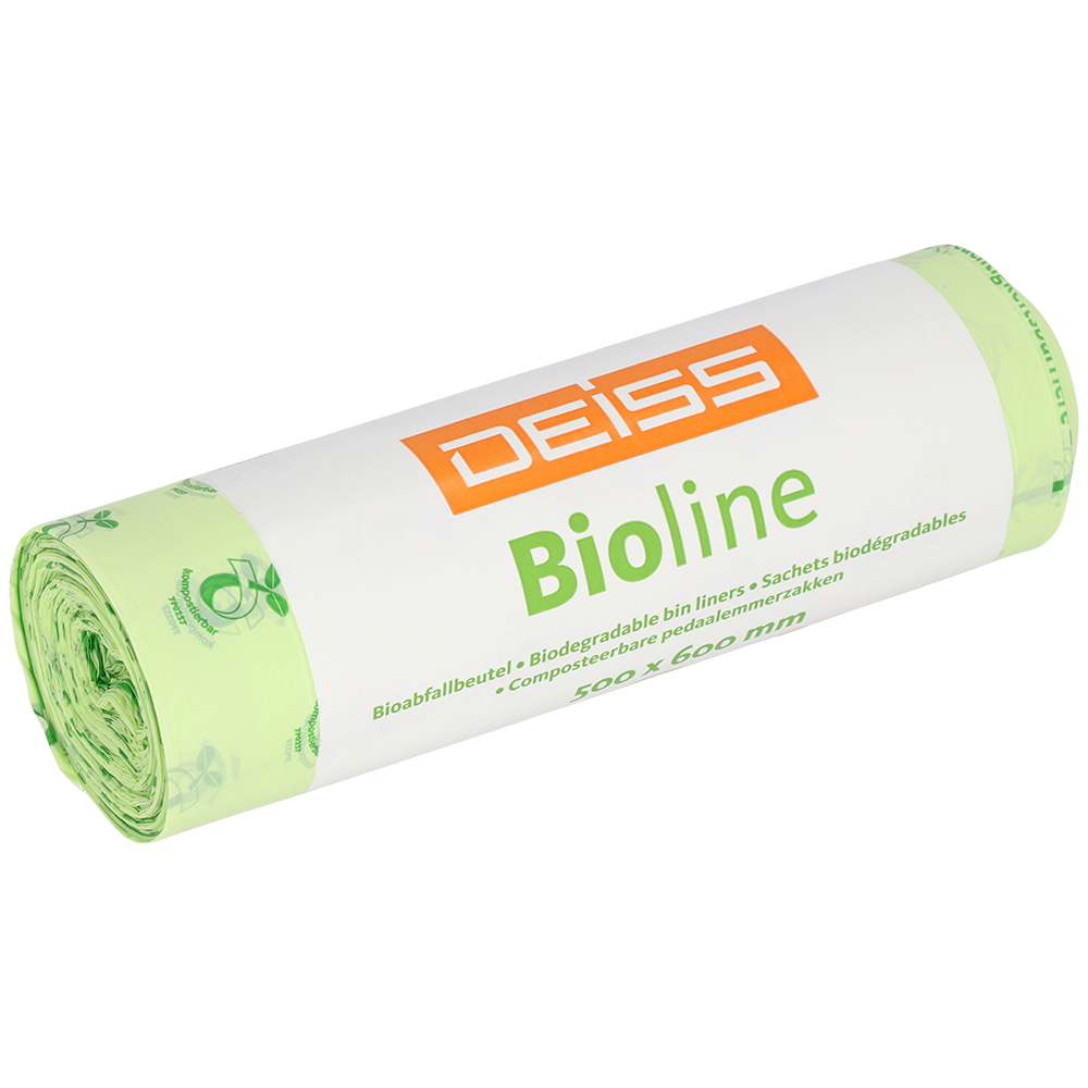 Un rouleau de sacs poubelle EMIL DEISS KG DEISS BIOLINE, bioplastique, 30L, couleur naturelle, 500x600x0,018 mm (20 pièces), met en avant les propriétés compostables pour une gestion durable des déchets.