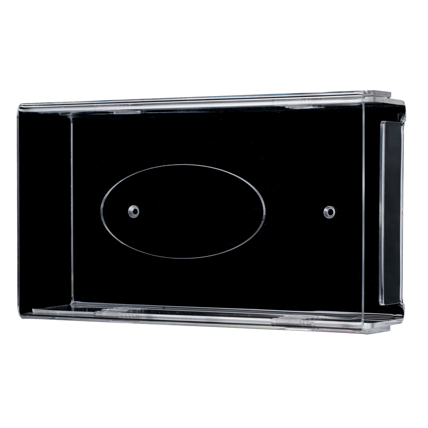 De AMPri wegwerphandschoenhouder is een transparante, melkachtige acryl wandhouder (250 x 135 x 55-90 mm) met twee schroefgaten en een ovaal middengedeelte, afgebeeld op een witte achtergrond.