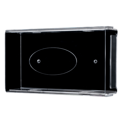 De AMPri wegwerphandschoenhouder is een transparante, melkachtige acryl wandhouder (250 x 135 x 55-90 mm) met twee schroefgaten en een ovaal middengedeelte, afgebeeld op een witte achtergrond.