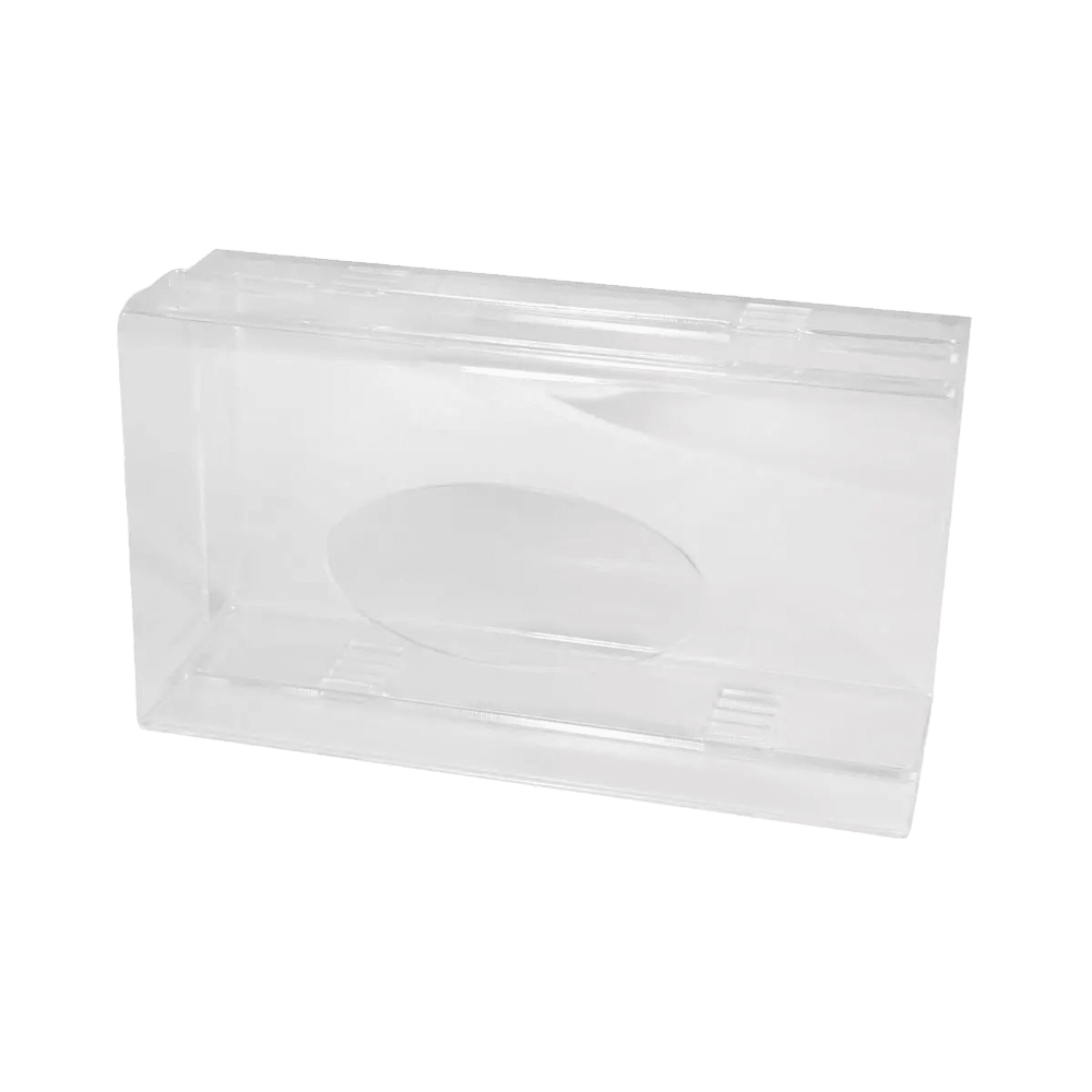 Een transparante, melkachtige acryl wegwerphandschoenhouder (250 x 135 x 55-90 mm) van AMPri Handelsgesellschaft mbH wordt gesloten en leeg getoond met een klapdeksel voor een eenvoudige witte achtergrond, ideaal voor de georganiseerde opslag van handschoenen.
