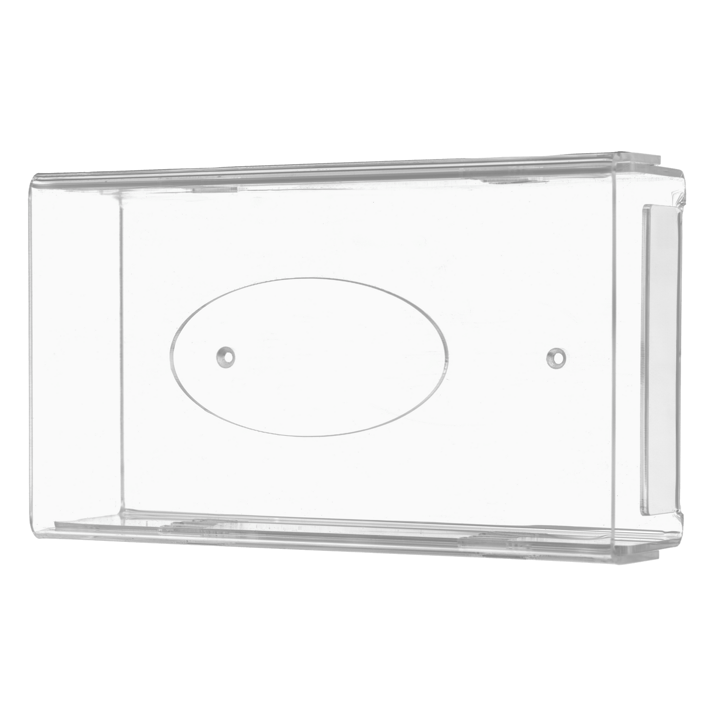 De AMPri wegwerphandschoenhouder is een transparante, melkachtige acrylhouder (250 x 135 x 55-90 mm) met afgeronde hoeken, vlakke bodem, centrale ovale uitsparing en bevestigingsgaten voor eenvoudige wandmontage.