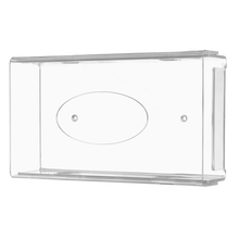Der AMPri Einmalhandschuh Spender ist ein transparenter, milchiger Acryl-Spenderhalter (250 x 135 x 55-90 mm) mit abgerundeten Kanten, flachem Boden, zentraler ovaler Vertiefung und Befestigungslöchern zur einfachen Wandmontage.