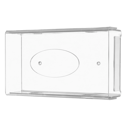 De AMPri wegwerphandschoenhouder is een transparante, melkachtige acrylhouder (250 x 135 x 55-90 mm) met afgeronde hoeken, vlakke bodem, centrale ovale uitsparing en bevestigingsgaten voor eenvoudige wandmontage.