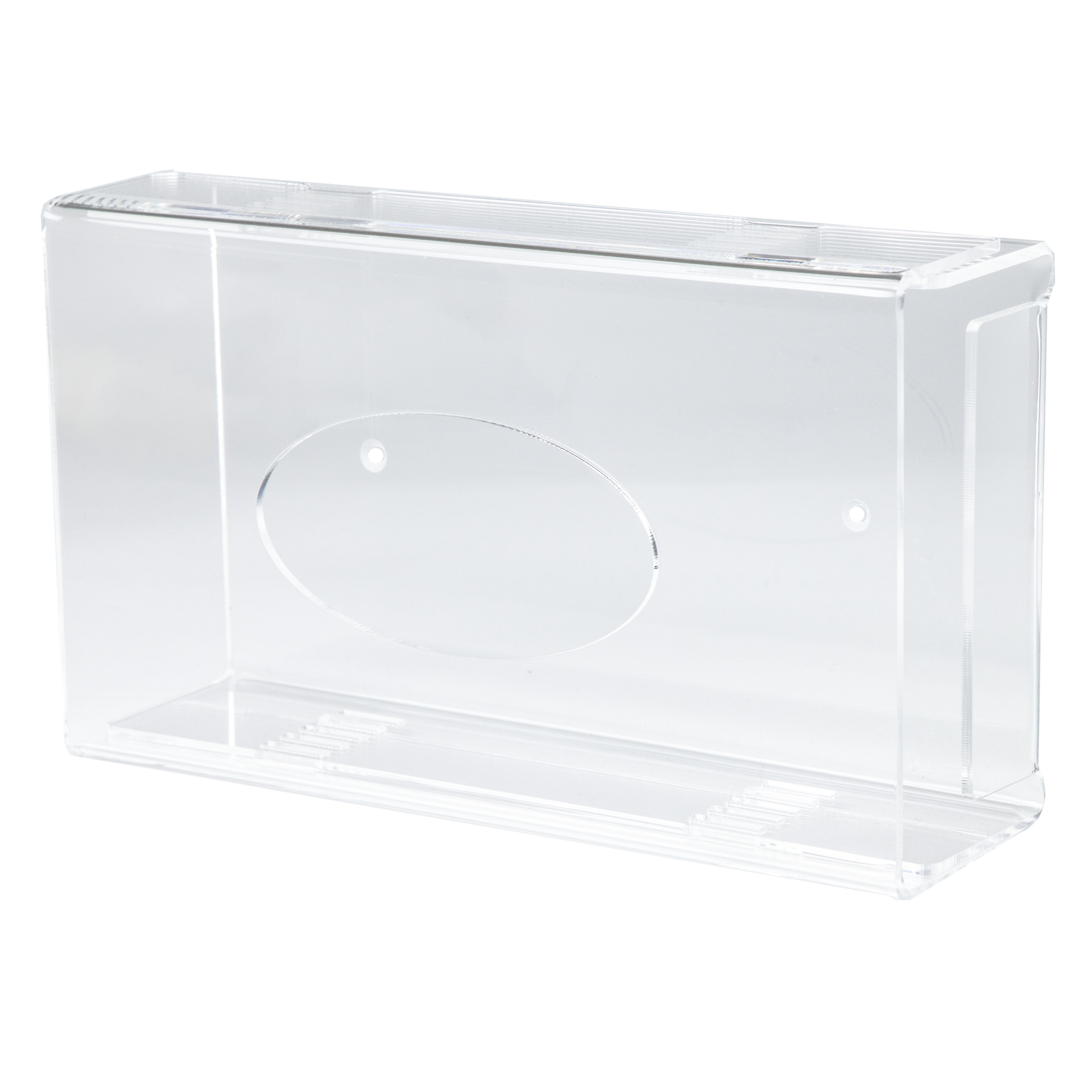 Der AMPri Einmalhandschuh Spender ist ein transparenter, milchiger Acryl-Spenderhalter (250 x 135 x 55-90 mm) mit glatten Kanten und einer ovalen Vertiefung auf einer Seite, abgebildet auf einem schlichten weißen Hintergrund.