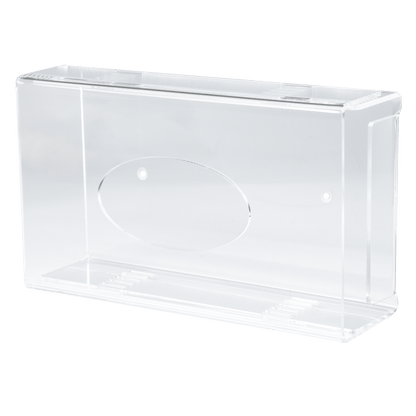 De AMPri wegwerphandschoenhouder is een transparante, melkachtige acrylhouder (250 x 135 x 55-90 mm) met gladde randen en een ovale uitsparing aan één kant, afgebeeld op een eenvoudige witte achtergrond.