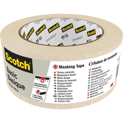 Eine Rolle Scotch® Abdeckband Basic, 50 m von 3M Deutschland GmbH, verfügt über eine mehrsprachige Verpackung mit Markenname, Produktinformation, Anwendungshinweisen, Symbol für starke Haftung, beigefarbenem Klebeband und dem 3M-Logo.