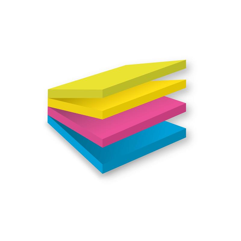 Een stapel van vier 3M Post-it® Super Sticky Easy Select kubussen (76x76mm, 75 vellen/blok) in verschillende kleuren, lichtjes uitgespreid op een witte achtergrond. PEFC-gecertificeerd. 4 blokken per verpakking van 3M Deutschland GmbH.