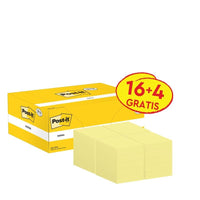 Een geel promotiepakket met Post-it®-notitieblokjes (3M Deutschland GmbH), 38 x 51 mm, 100 vel per blok, bevat 16 blokken plus 4 gratis (16+4 GRATIS). Voorzien van het iconische Post-it-logo; de notitieblokjes zijn PEFC-gecertificeerd (SGSCH-PEFC-COC-110078).