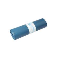 Eine Rolle DEISS 10016 Müllbeutel (700x1100x0,08 mm, blau, 25 Stück) von EMIL DEISS KG (GmbH + Co.), verpackt mit einem weißen Etikett mit blauer Grafik - ideal für die gewerbliche Abfallentsorgung und abgebildet auf weißem Hintergrund.