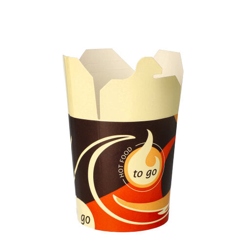 Les boîtes à snacks Starpak 50 "To Go" rectangulaires - 550 ml de Starpak sont des conteneurs en carton pour la nourriture à emporter avec un design beige-brun-orange et les inscriptions « To Go » et « Warm Food ». Elle est représentée vide avec des rabats de couvercle partiellement ouverts sur fond blanc.