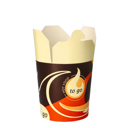 Les boîtes à snacks Starpak 50 "To Go" rectangulaires - 550 ml de Starpak sont des conteneurs en carton pour la nourriture à emporter avec un design beige-brun-orange et les inscriptions « To Go » et « Warm Food ». Elle est représentée vide avec des rabats de couvercle partiellement ouverts sur fond blanc.