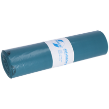 Abgebildet ist eine Rolle EMIL DEISS KG (GmbH + Co.) DEISS 10035 Müllsäcke, blau, 700x1100x0,06 mm, 25 Stück pro Rolle, mit einem weißen Etikett mit Text und Logo auf weißem Hintergrund.