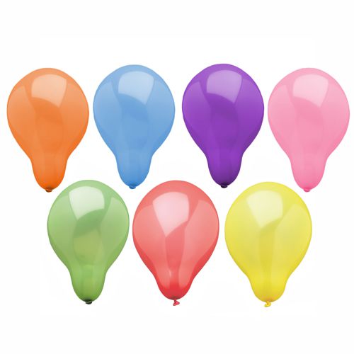 Sept PAPSTAR 100 ballons ronds triés par couleur (orange, bleu, violet, rose, vert, rouge, jaune) de la marque PAPSTAR GmbH sont disposés en deux rangées sur un fond blanc.