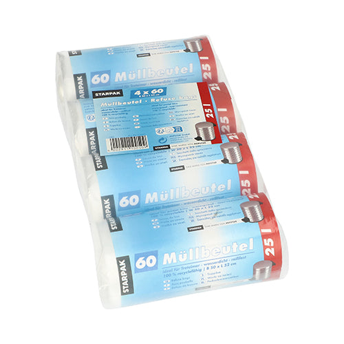 Vier rollen Starpak 240 vuilniszakken, HDPE 25 l (52 x 50 cm), met elk 60 transparante zakken, worden geleverd in een doorzichtige kunststofverpakking met blauwe en rode Duitse etiketten - ideaal voor hygiënische afvalverwijdering.