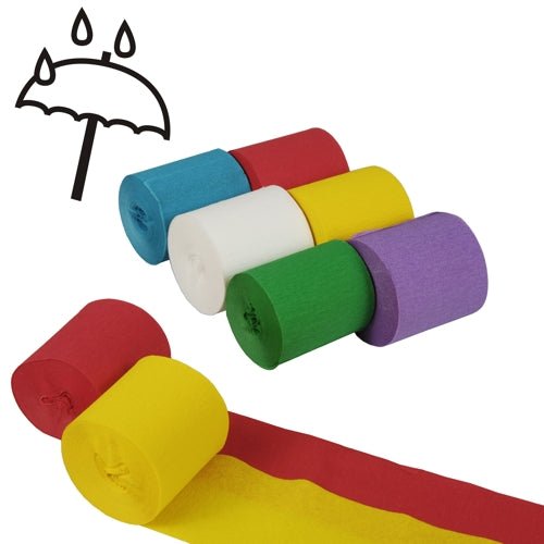Six PAPSTAR GmbH rubans crêpe (10 m x 5 cm, couleurs assorties, imperméables, 6 rouleaux) dans les couleurs bleu, rouge, jaune, blanc, vert et violet sont présentés en deux rangées, dont deux partiellement déroulés, avec en haut à gauche un parapluie avec des gouttes de pluie représenté.