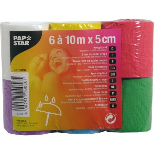 PAPSTAR Rubans crêpe 10m x 5cm, couleurs assorties (6 rouleaux : violet, jaune, orange, rouge, vert, blanc), imperméables. Idéal pour les travaux manuels. Emballage avec texte multilingue et petit symbole de parapluie.