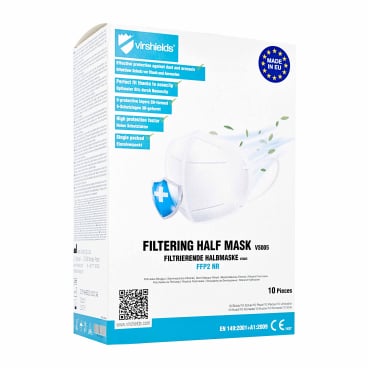Une boîte de masques FFP2 « Virshields » VS005 de la société Mask Authority sp. z o.o., à 5 couches | 1 pièce, présente l'illustration d'un masque blanc accompagnée de symboles de protection et d'une description multilingue de ses caractéristiques ; chaque boîte contient 10 pièces.