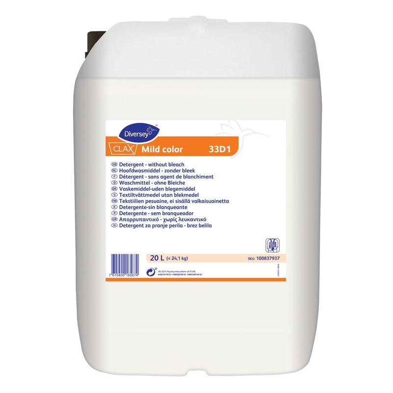 Een witte 20-liter kunststofkan kan van Diversey Clax Mild color 33D1, enzymatisch fijnwasmiddel voor alle textielsoorten, is voorzien van een blauw/oranje etiket in meerdere talen, een zwart handvat en een verzegelde dop. Van Diversey Deutschland GmbH & Co. OHG.