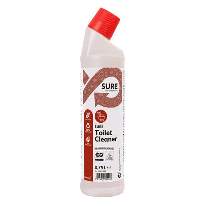 Une bouteille en plastique blanc de 0,75L de SURE Toilet Cleaner, nettoyant WC & urinoir de Diversey Deutschland GmbH & Co. OHG, avec un bouchon angulaire rouge et une étiquette rouge et blanche, assure un nettoyage efficace des toilettes et urinoirs.