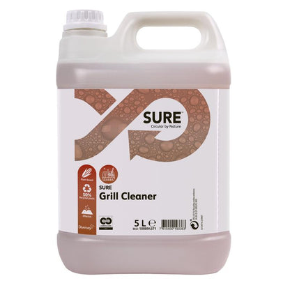 Un nettoyant pour gril SURE de 5 litres en plastique de Diversey Deutschland GmbH & Co. OHG avec poignée, bouchon à vis et une étiquette brun-blanc avec le nom du produit, le logo de la marque, des symboles d'utilisation et des informations de recyclage pour un nettoyage efficace des résidus brûlés.