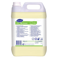 Een jerrycan van 5 liter Diversey TASKI Tapi Extract tapijtreinigingsmiddel voor sproeiextractie met O.N.T.-technologie, gecertificeerd met het Wollsiegel-keurmerk, is voorzien van een draaggreep en een meertalig etiket met productgegevens en gebruiksaanwijzingen.