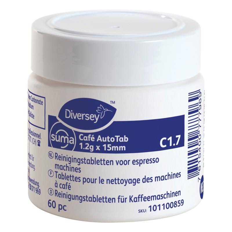 Een witte kunststofcontainer van Diversey Deutschland GmbH & Co. OHG met het opschrift "Suma Café AutoTab C1.7, reinigingstablet voor espressomachines" bevat 60 tabletten; het meertalige etiket toont een barcode.