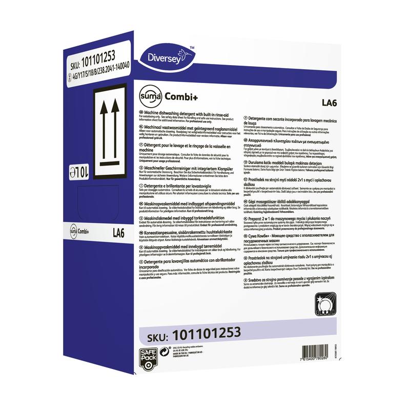 Een witte rechthoekige doos met paarse en zwarte accenten, geëtiketteerd met "Diversey Suma Combi+ LA6, gecombineerde reiniger en glansspoelmiddel voor middelhard water" van Diversey Deutschland GmbH & Co. OHG, met details, instructies, een barcode en SKU 101101253.