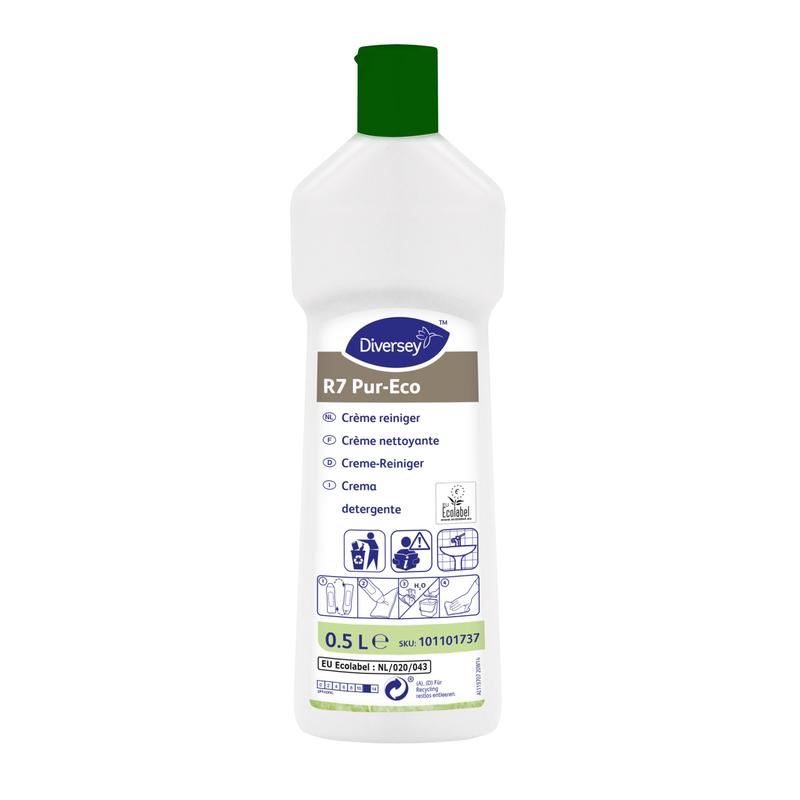 Een witte 500 ml fles Diversey R7 Pur-Eco Crème-Reiniger van Diversey Deutschland GmbH & Co. OHG met groene dop, meertalig geëtiketteerd en milieuvriendelijk voor harde, waterbestendige oppervlakken.