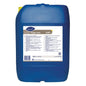 Een blauwe 20-liter jerrycan Clax Hypo conc 42B1 van Diversey Deutschland, een vloeibaar bleekmiddel op basis van natriumhypochloriet, met een groot wit, meertalig etiket en een gele dop. Ideaal voor commerciële wasserijen.