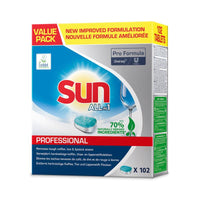 Een verpakking Sun Professional All in 1 Tabs voor de vaatwasser van Diversey Deutschland GmbH & Co. OHG bevat 102 tabletten, bestaat voor 70 % uit natuurlijke ingrediënten en heeft een verbeterde formule, wat allemaal duidelijk op de verpakking staat vermeld.