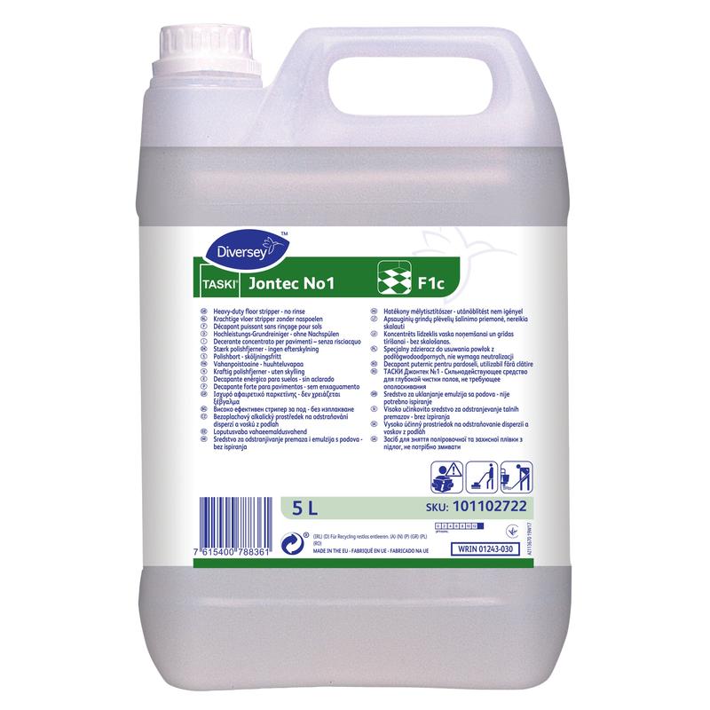 Un bidon de 5 litres de TASKI Jontec No1, un nettoyant haute performance pour tous les revêtements de sol résistants aux alcalis de Diversey Deutschland GmbH & Co. OHG, avec bouchon à vis blanc, poignée, notice bilingue, branding vert et SKU 101102722.