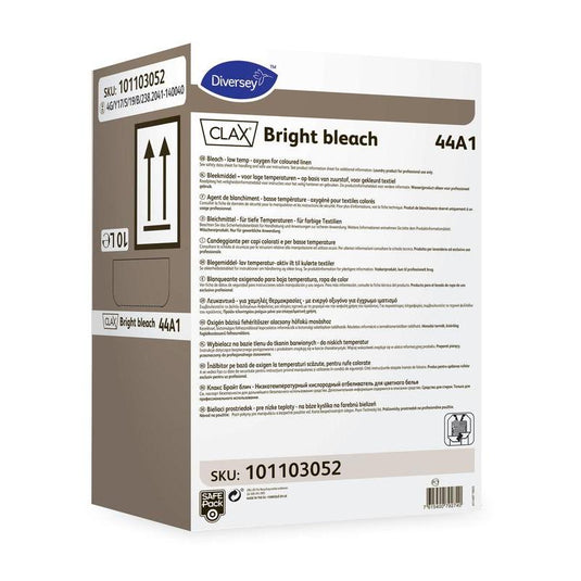 Een rechthoekige verpakking met het opschrift „Clax Bright Bleach 44A1 Bleekmiddel voor gekleurde was“ van Diversey Deutschland GmbH & Co. OHG, voorzien van meertalige productinformatie, gebruiksaanwijzingen en waarschuwingen. Effectief bij gekleurde was en hardnekkige vlekken. Artikelnummer: 101103052.