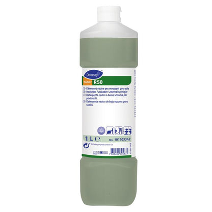 Une bouteille de 1 litre de nettoyant pour sols Diversey TASKI R50 de Diversey Deutschland GmbH & Co. OHG dispose d'une étiquette blanche, d'un liquide vert et de symboles pour l'utilisation et les surfaces recommandées pour un entretien efficace des sols.