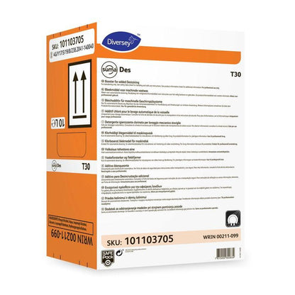 Une boîte rectangulaire Diversey Suma Des T30, composant de blanchiment de Diversey Deutschland GmbH & Co. OHG est principalement blanche avec des accents orange et bleus, des instructions multilingues ainsi que des symboles de danger et d'expédition sur le devant.