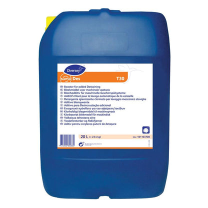 Un grand conteneur en plastique bleu avec l'inscription « Diversey Suma Des T30, composant de blanchiment » de Diversey Deutschland GmbH & Co. OHG dispose d'une étiquette multilingue blanche et d'une capacité de 20 litres.