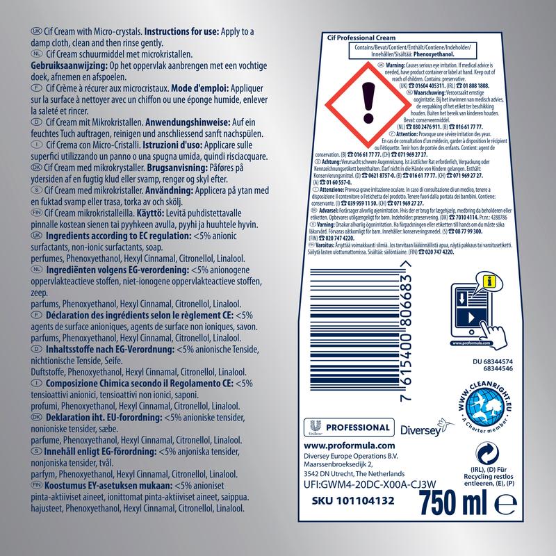 Etiket voor Professional Schuurmelk van Diversey Deutschland GmbH & Co. OHG met meertalige instructies, ingrediënten, streepjescode, recyclingsymbolen, logo's, actieve bleekformule en 750 ml inhoud op een wit-blauwe achtergrond.